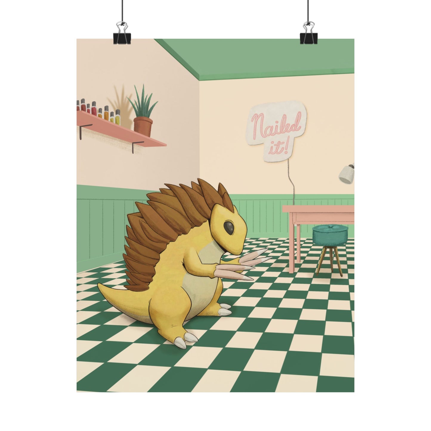 PopKnuckle: From Memory Series - Cute Pangolin Nail Salon Poster - "Nailed It!" Matte Vertical Art Print