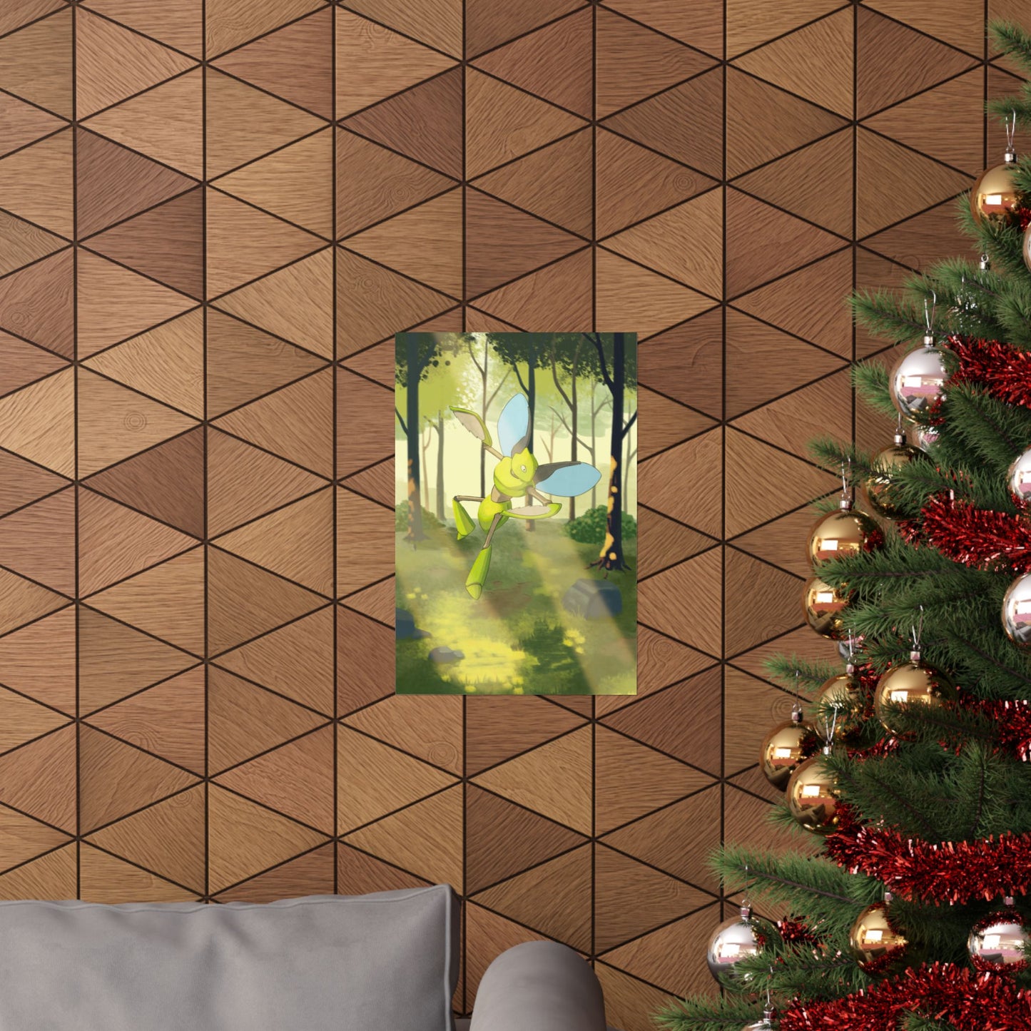 Green Bladed Creature Sunlit Forest Poster