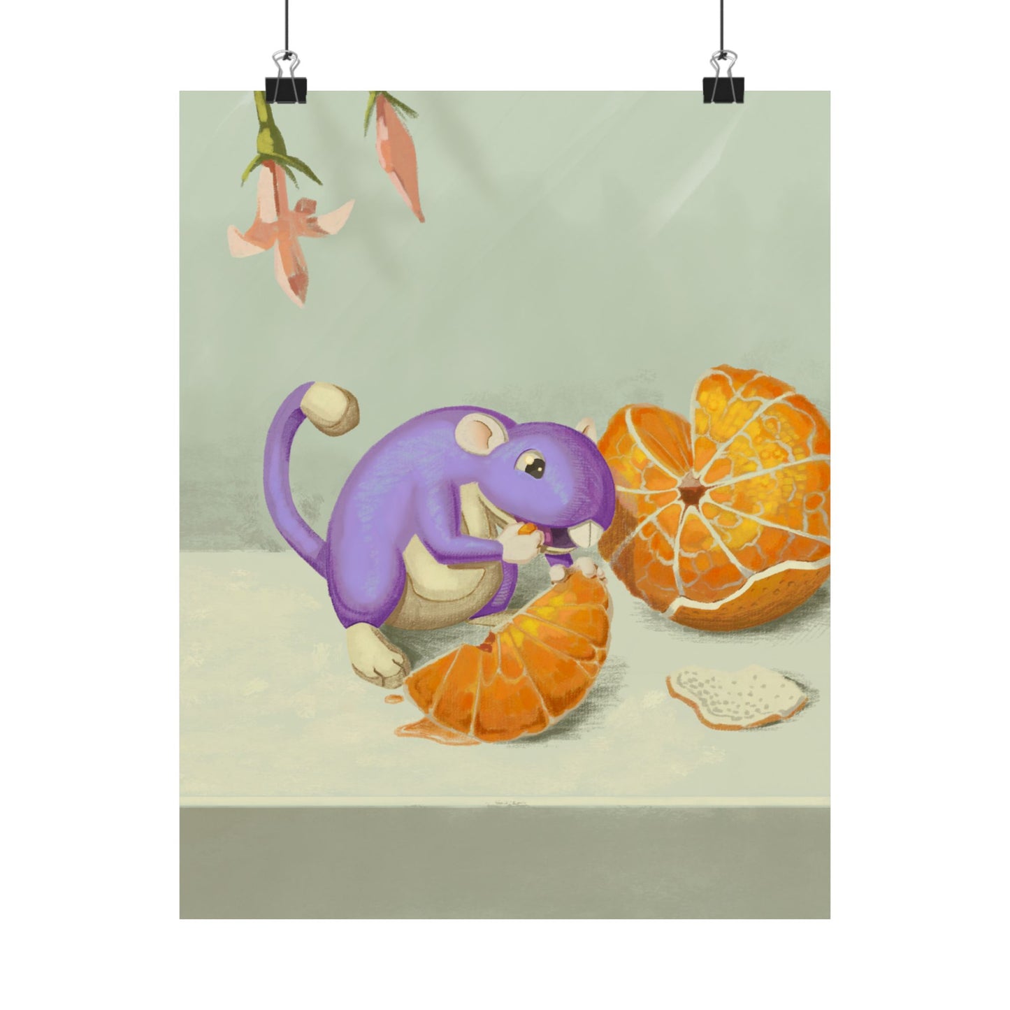 Playful Purple Squirrel Eating Orange Poster