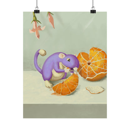 Playful Purple Squirrel Eating Orange Poster