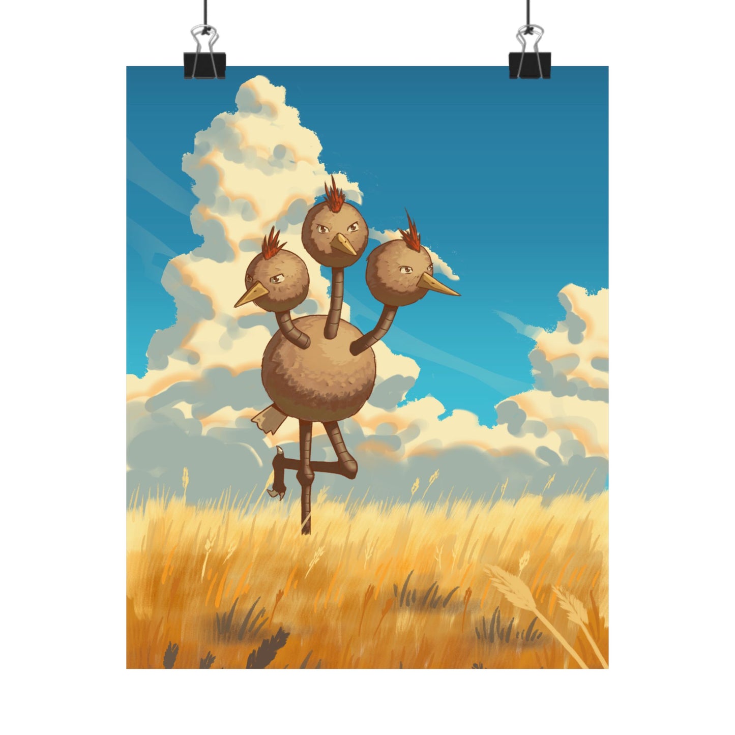 Whimsical Three-Headed Bird in Golden Field Poster