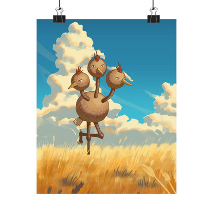 Whimsical Three-Headed Bird in Golden Field Poster