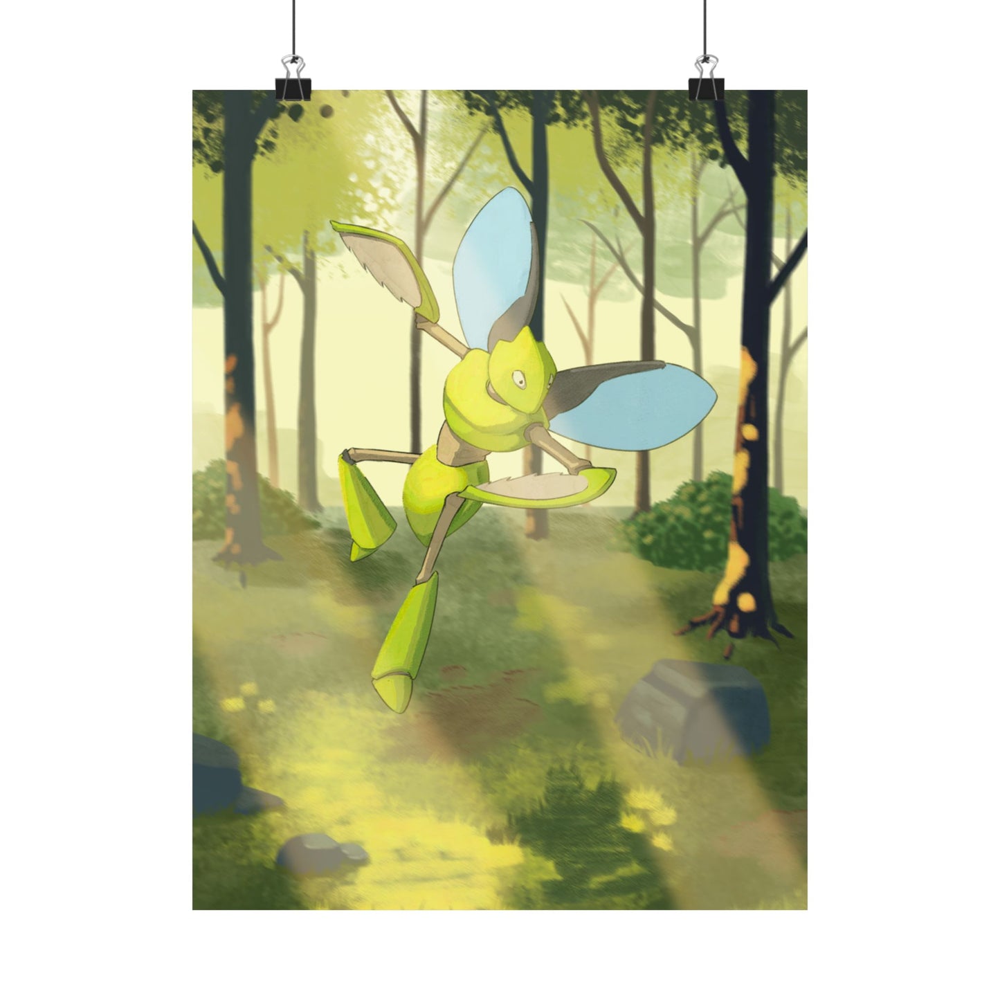 Green Bladed Creature Sunlit Forest Poster