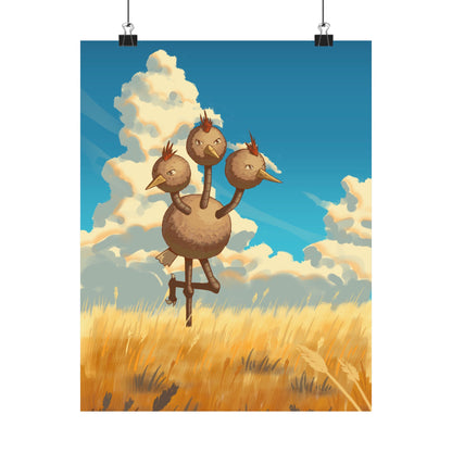 Whimsical Three-Headed Bird in Golden Field Poster