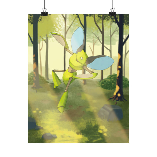 Green Bladed Creature Sunlit Forest Poster