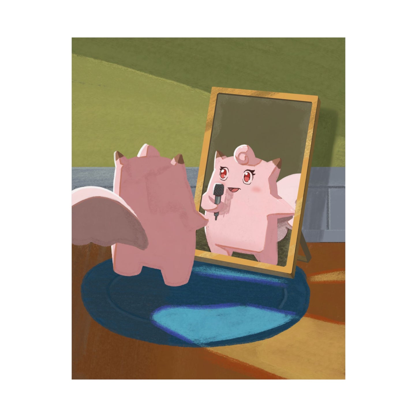 Cute Pink Creature Singing into Mirror Poster