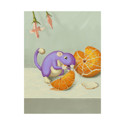 Playful Purple Squirrel Eating Orange Poster