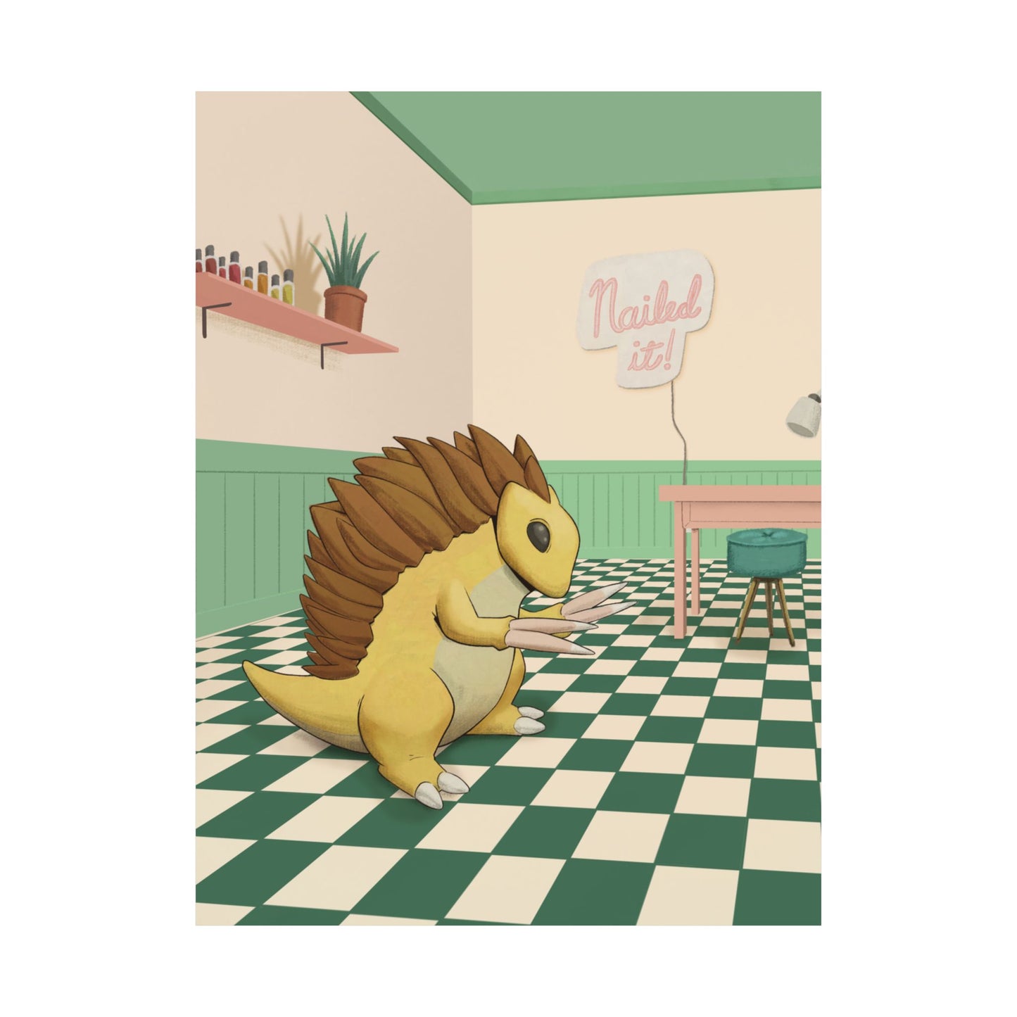 PopKnuckle: From Memory Series - Cute Pangolin Nail Salon Poster - "Nailed It!" Matte Vertical Art Print