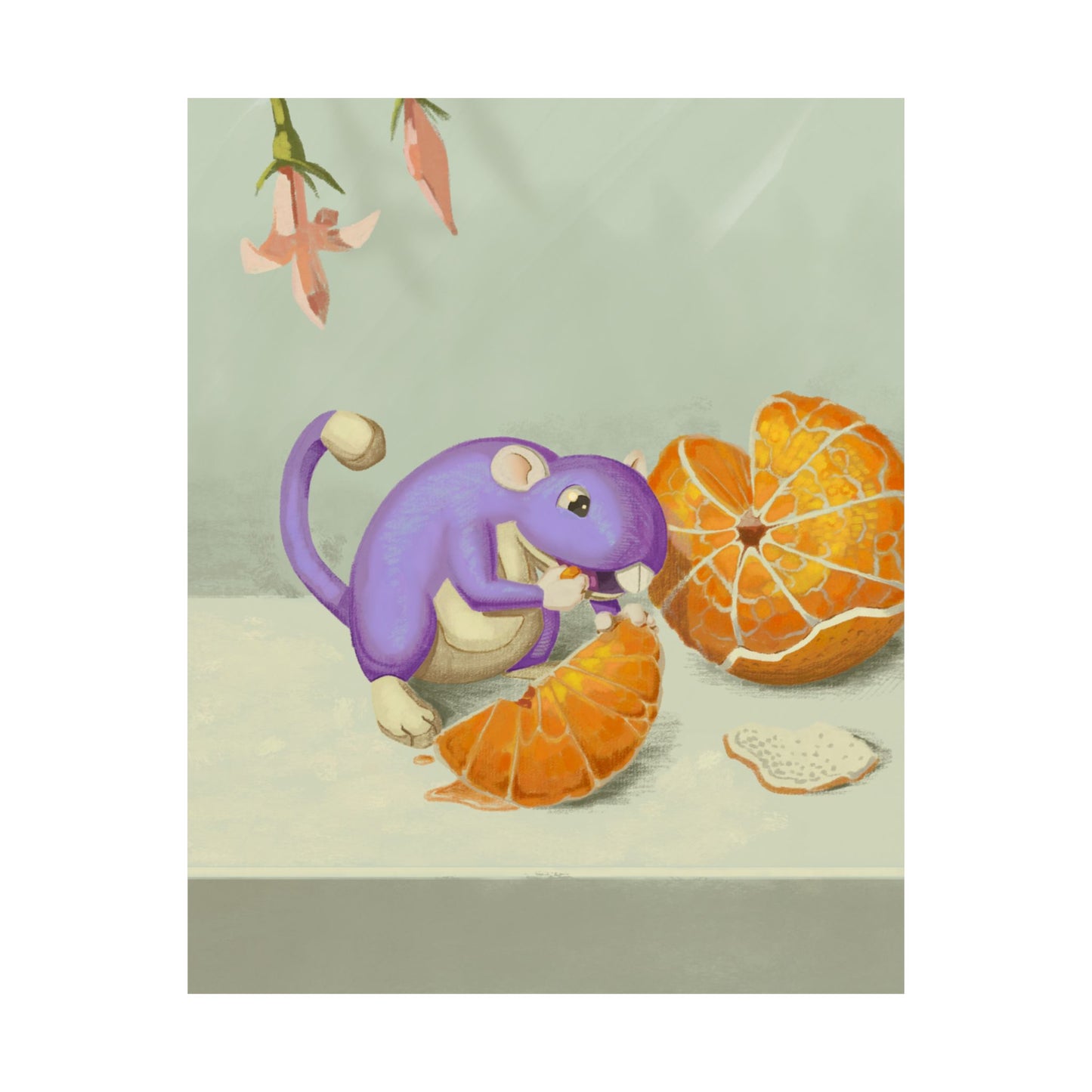 Playful Purple Squirrel Eating Orange Poster