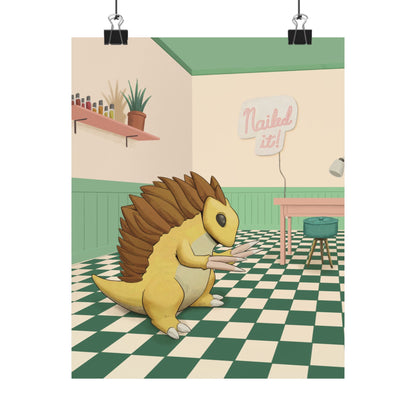PopKnuckle: From Memory Series - Cute Pangolin Nail Salon Poster - "Nailed It!" Matte Vertical Art Print