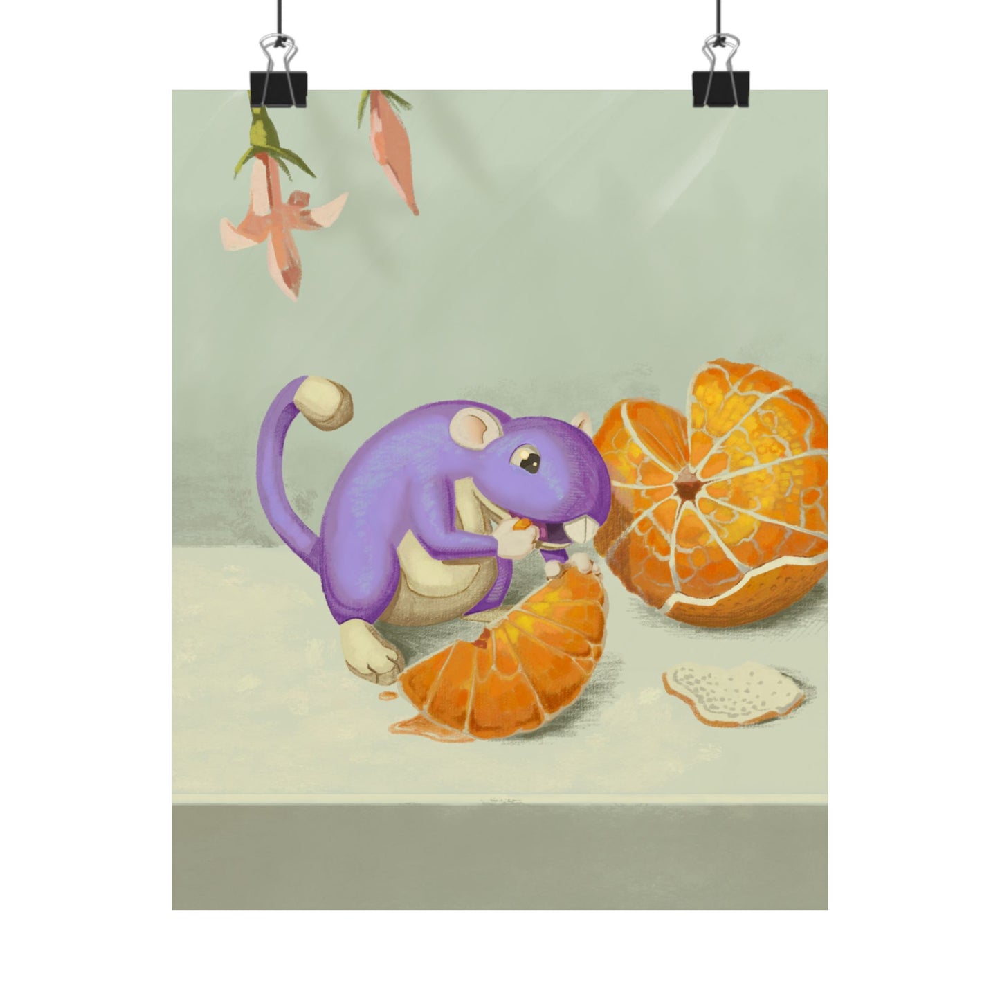 Playful Purple Squirrel Eating Orange Poster