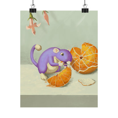 Playful Purple Squirrel Eating Orange Poster