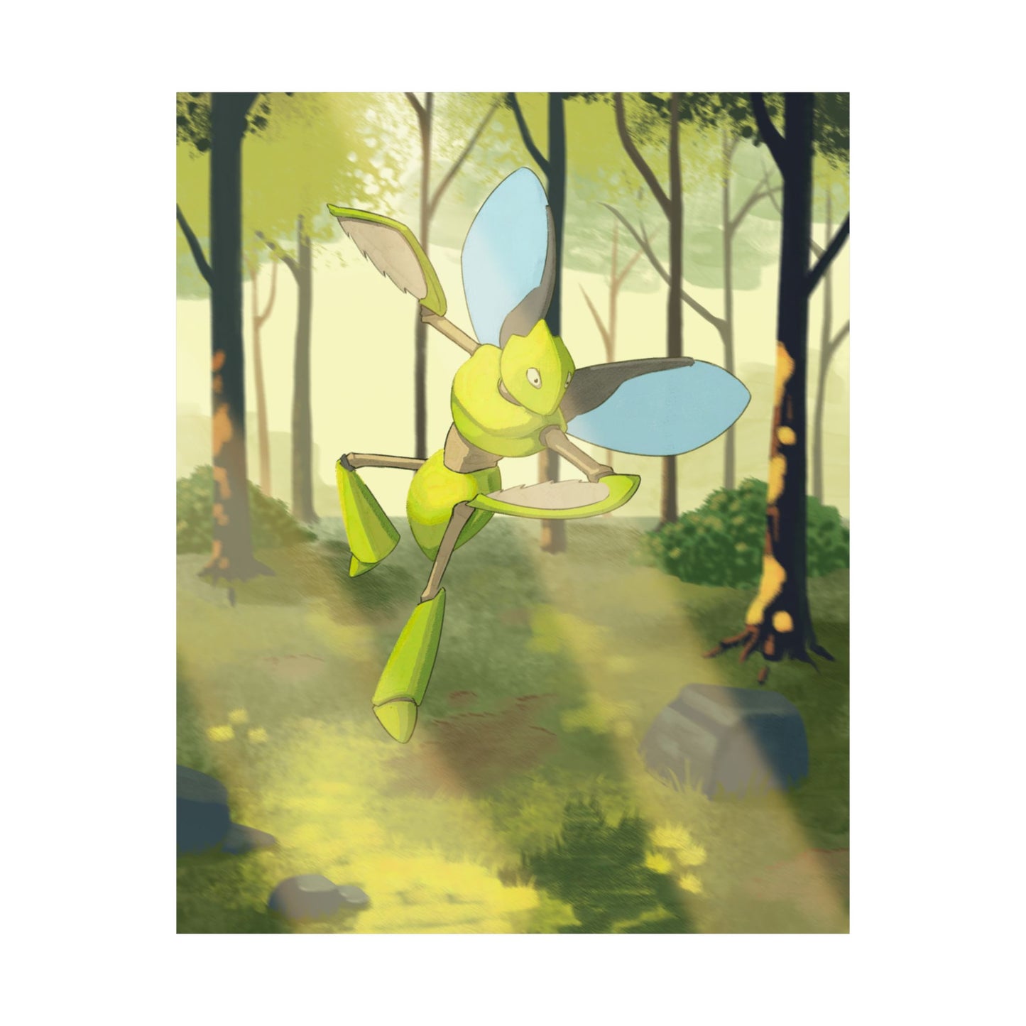 Green Bladed Creature Sunlit Forest Poster