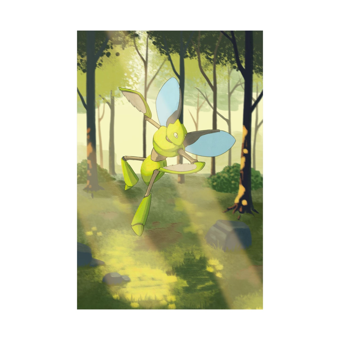 Green Bladed Creature Sunlit Forest Poster