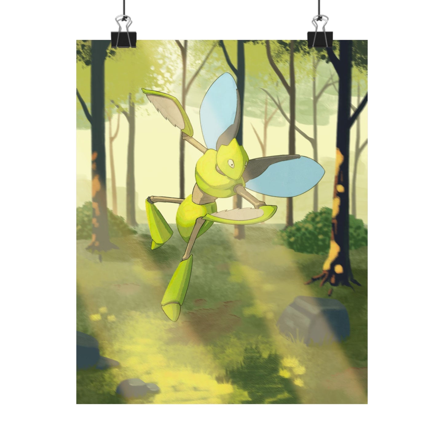 Green Bladed Creature Sunlit Forest Poster