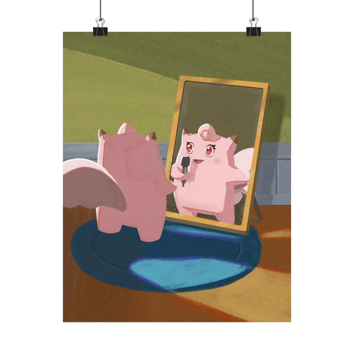Cute Pink Creature Singing into Mirror Poster