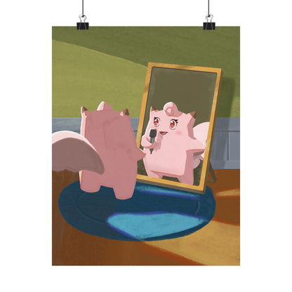 Cute Pink Creature Singing into Mirror Poster