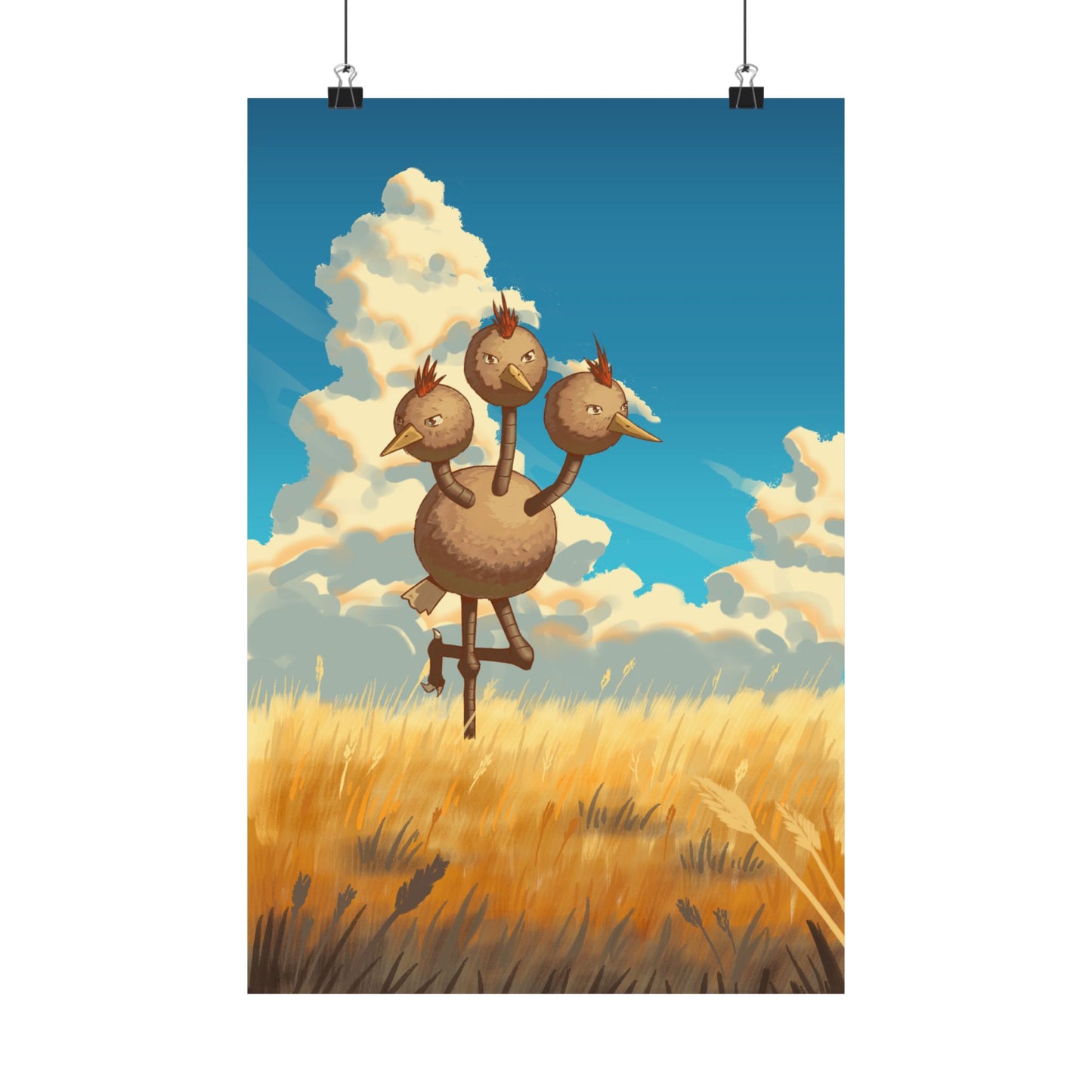 Whimsical Three-Headed Bird in Golden Field Poster