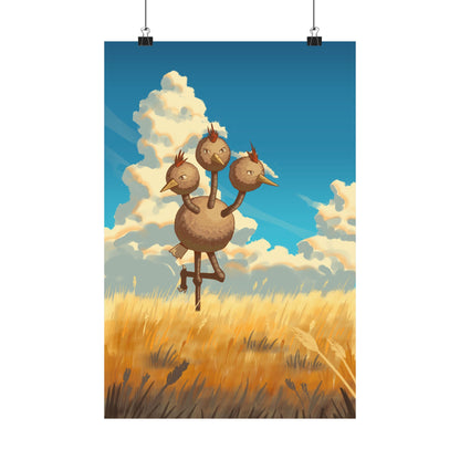 Whimsical Three-Headed Bird in Golden Field Poster