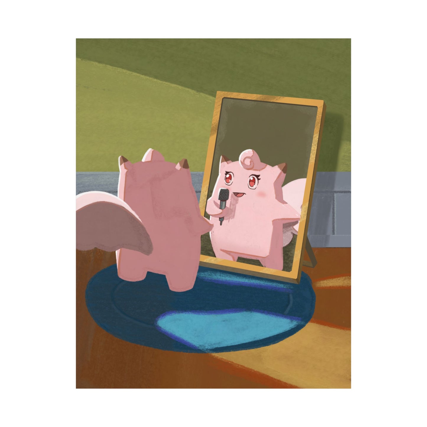 Cute Pink Creature Singing into Mirror Poster