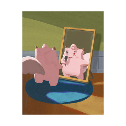 Cute Pink Creature Singing into Mirror Poster