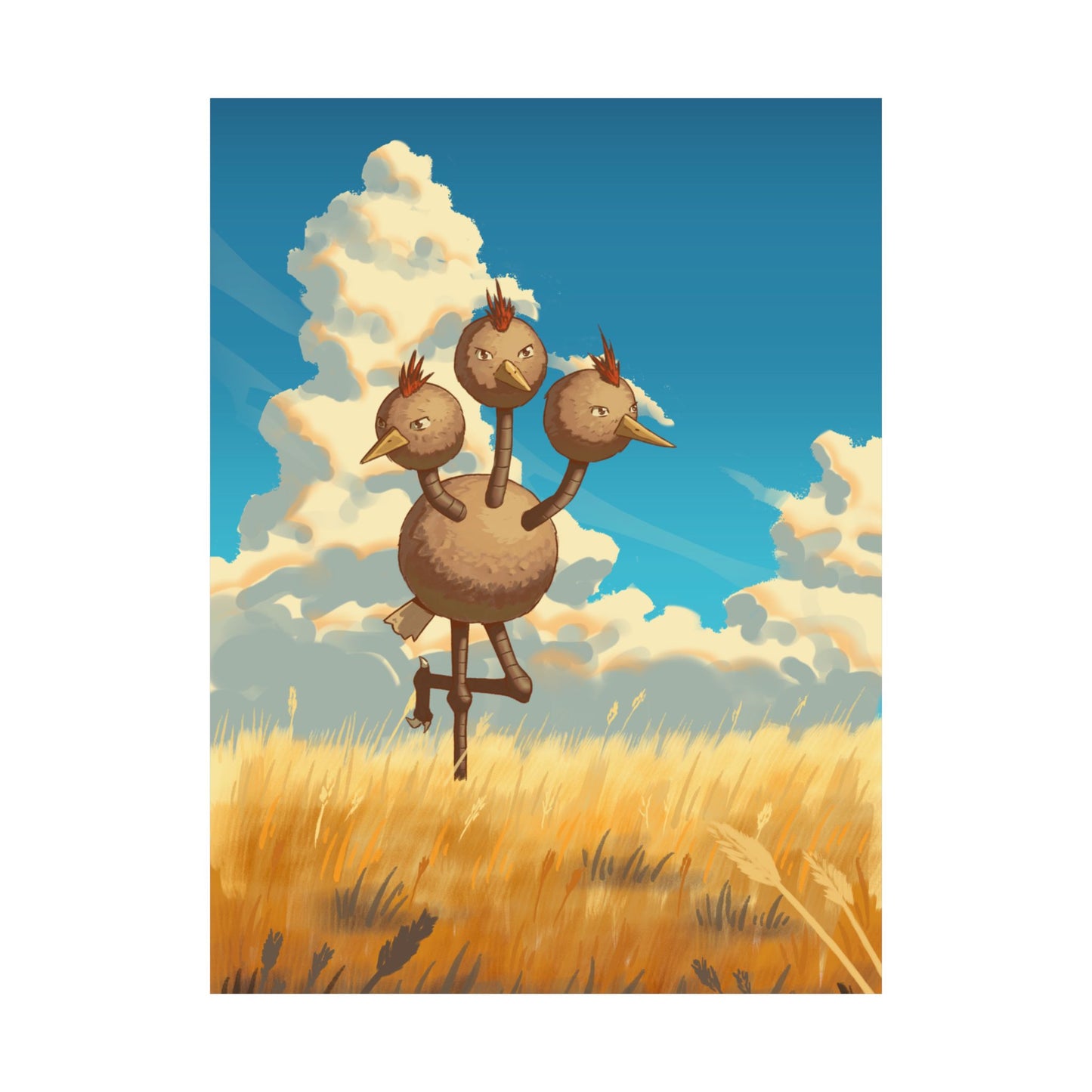 Whimsical Three-Headed Bird in Golden Field Poster