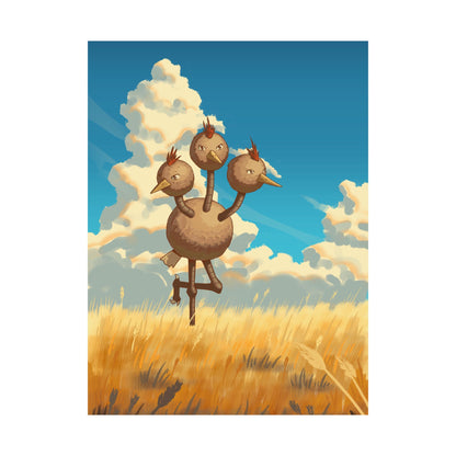 Whimsical Three-Headed Bird in Golden Field Poster