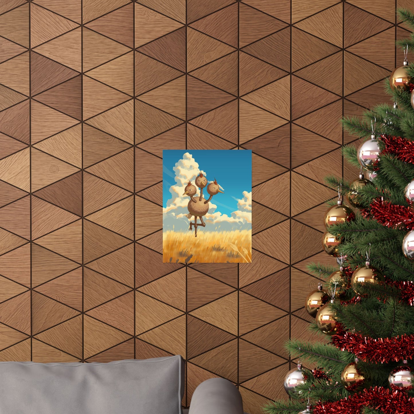 Whimsical Three-Headed Bird in Golden Field Poster