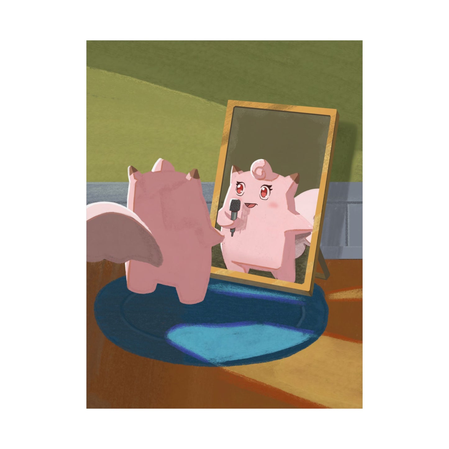 Cute Pink Creature Singing into Mirror Poster