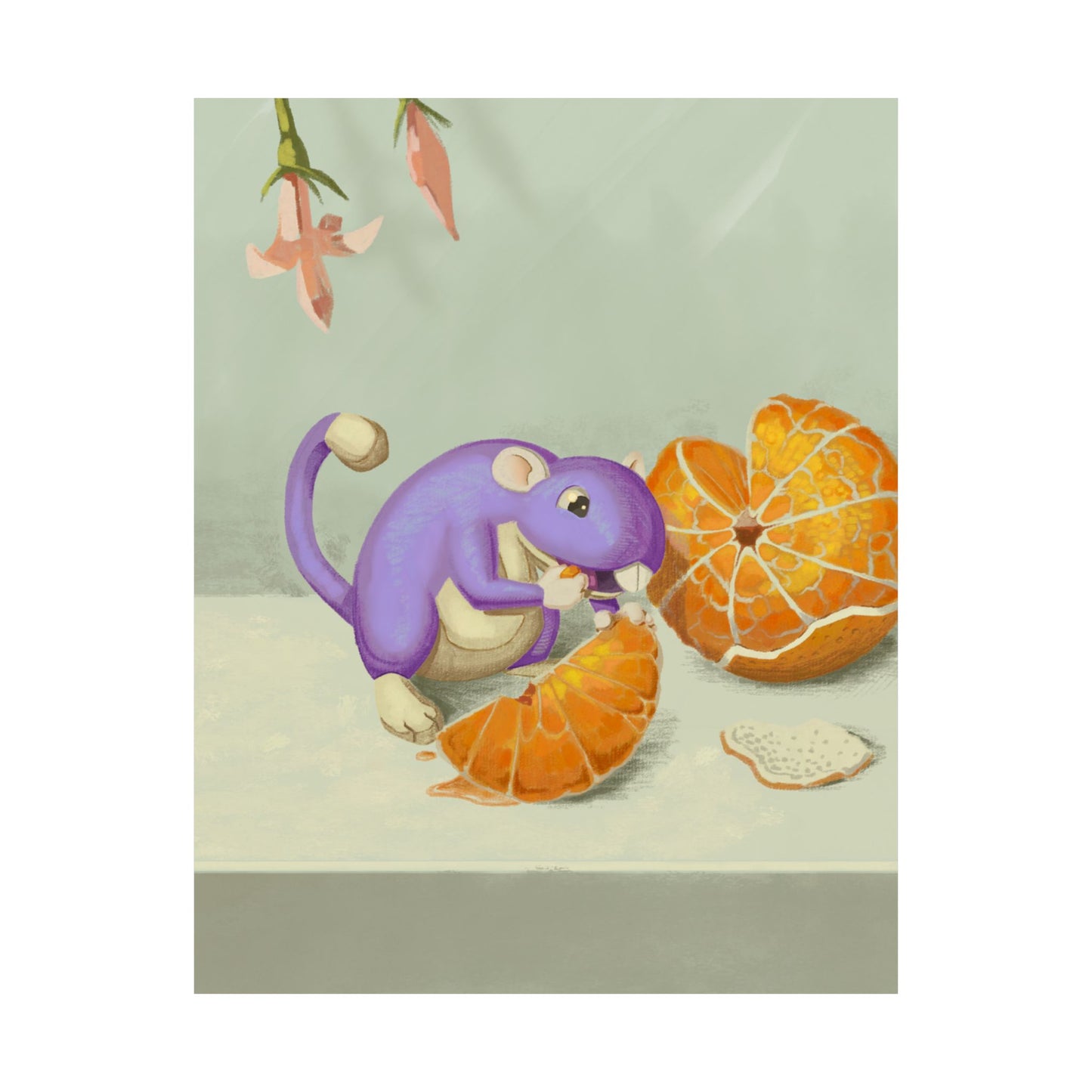 Playful Purple Squirrel Eating Orange Poster