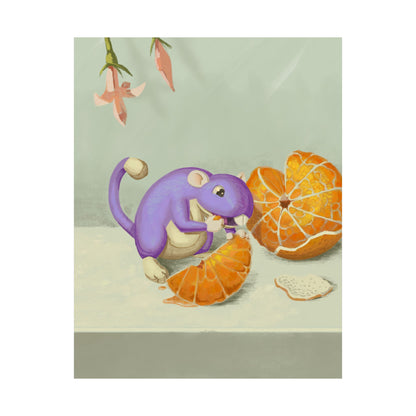 Playful Purple Squirrel Eating Orange Poster