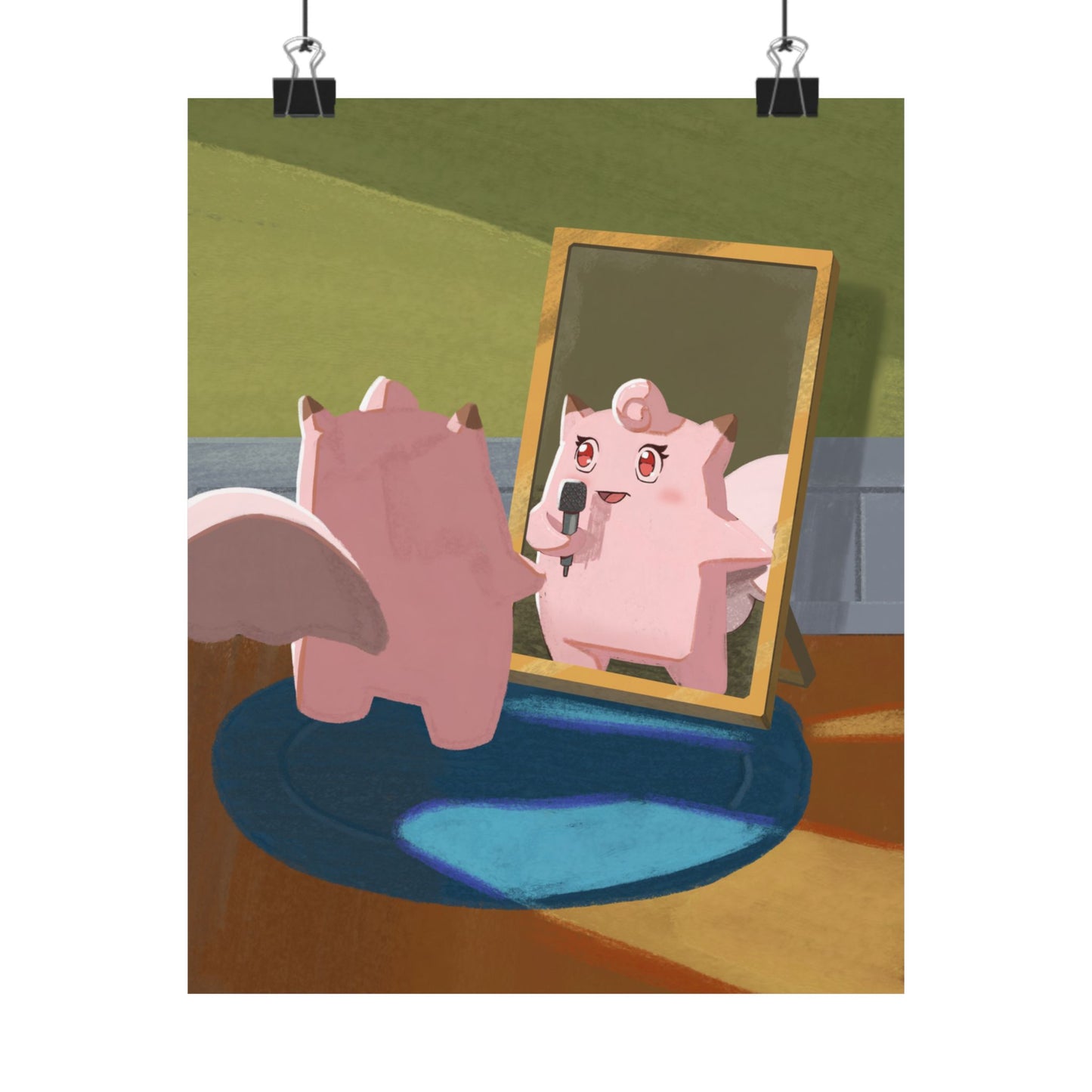 Cute Pink Creature Singing into Mirror Poster