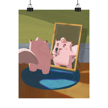 Cute Pink Creature Singing into Mirror Poster