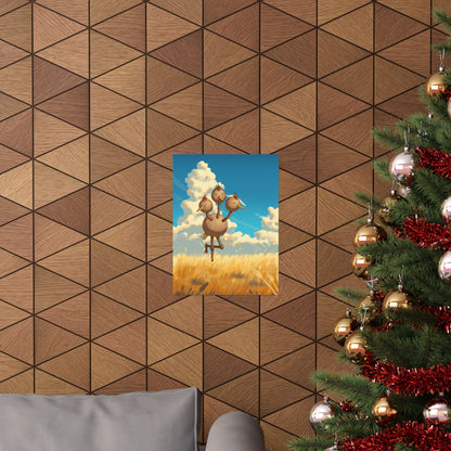 Whimsical Three-Headed Bird in Golden Field Poster