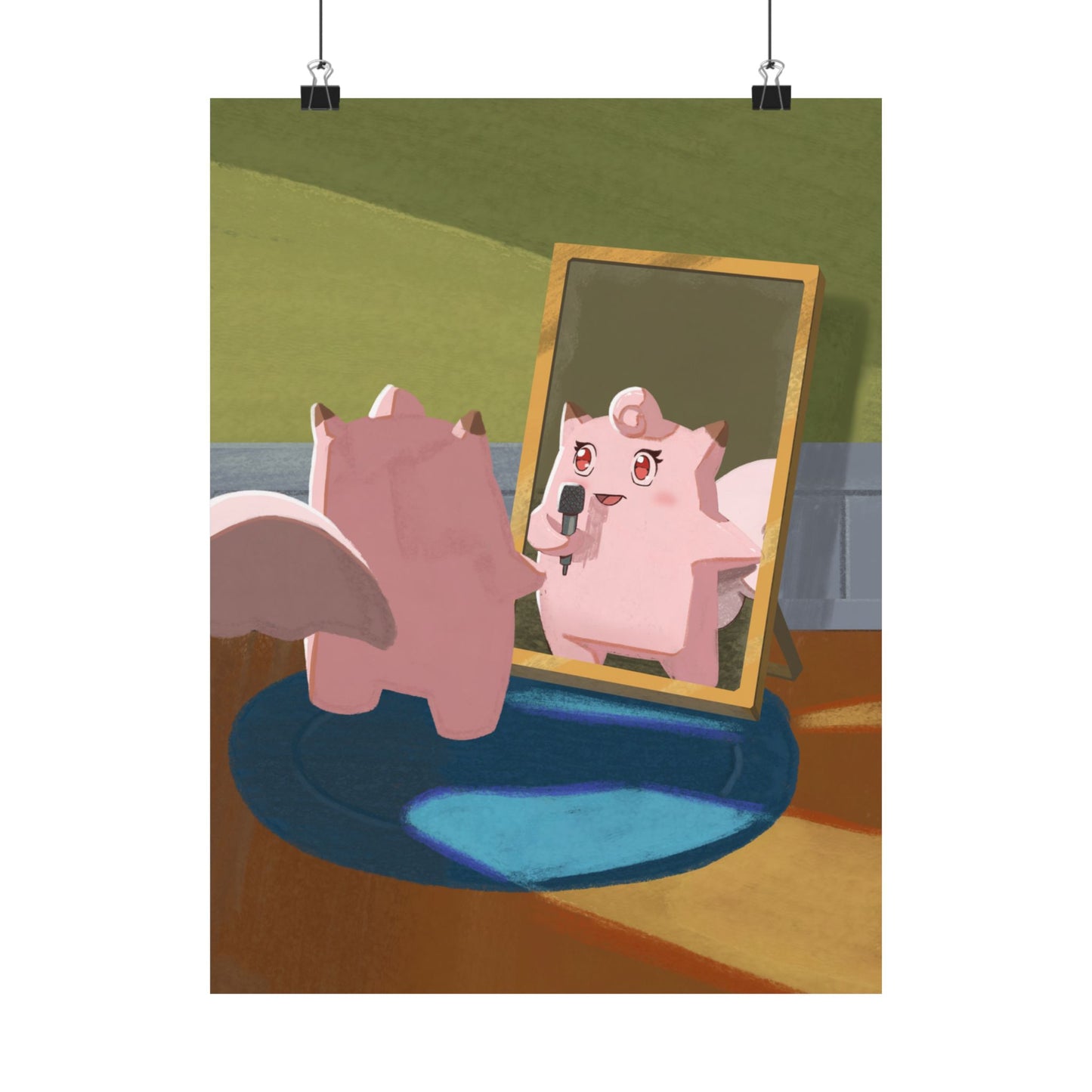 Cute Pink Creature Singing into Mirror Poster