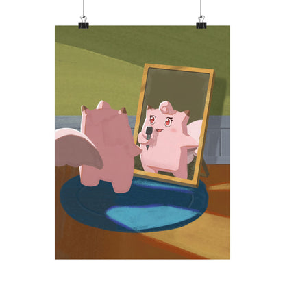 Cute Pink Creature Singing into Mirror Poster
