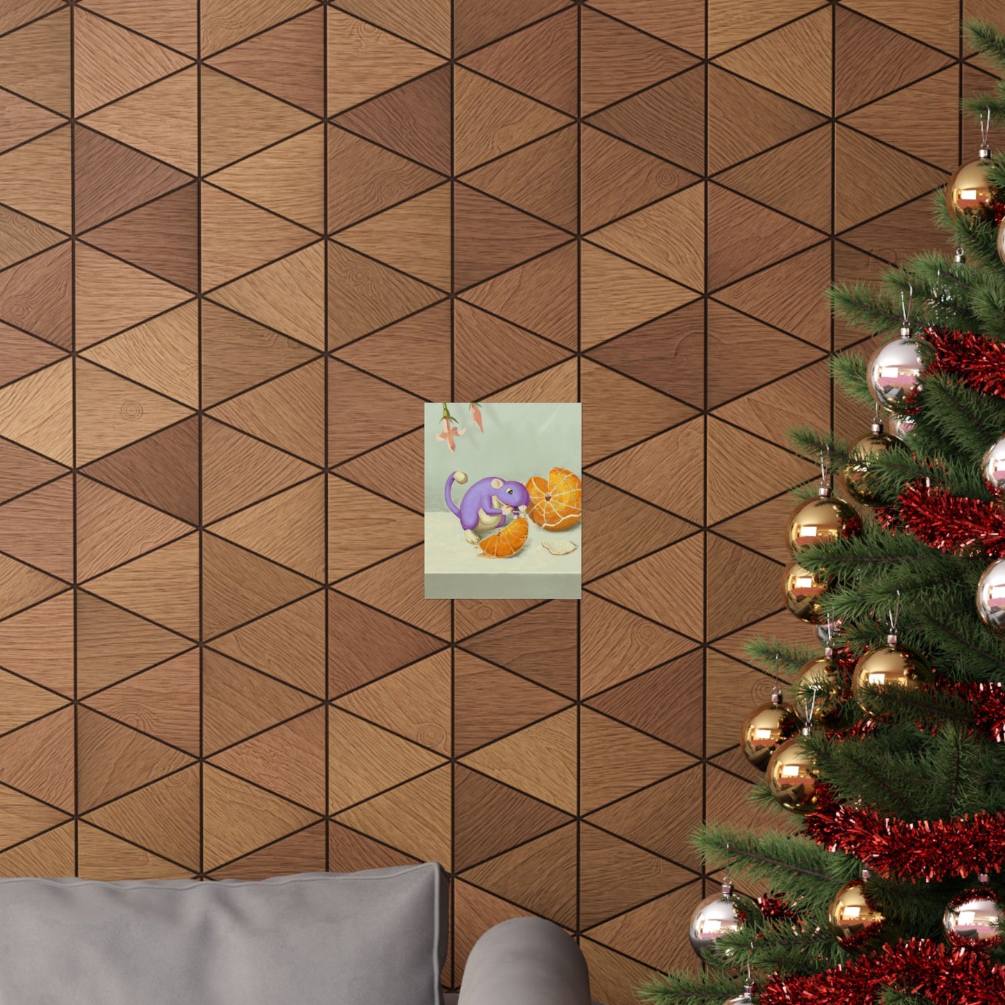 Playful Purple Squirrel Eating Orange Poster