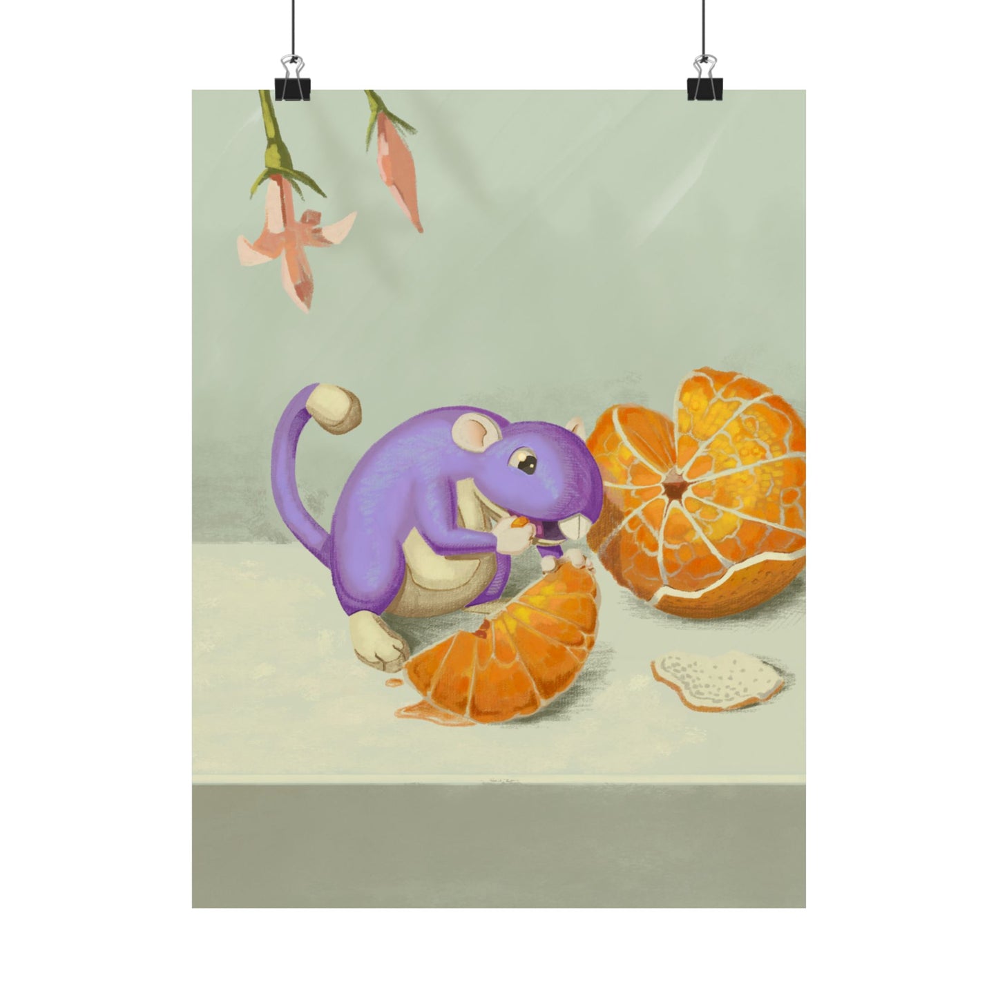 Playful Purple Squirrel Eating Orange Poster