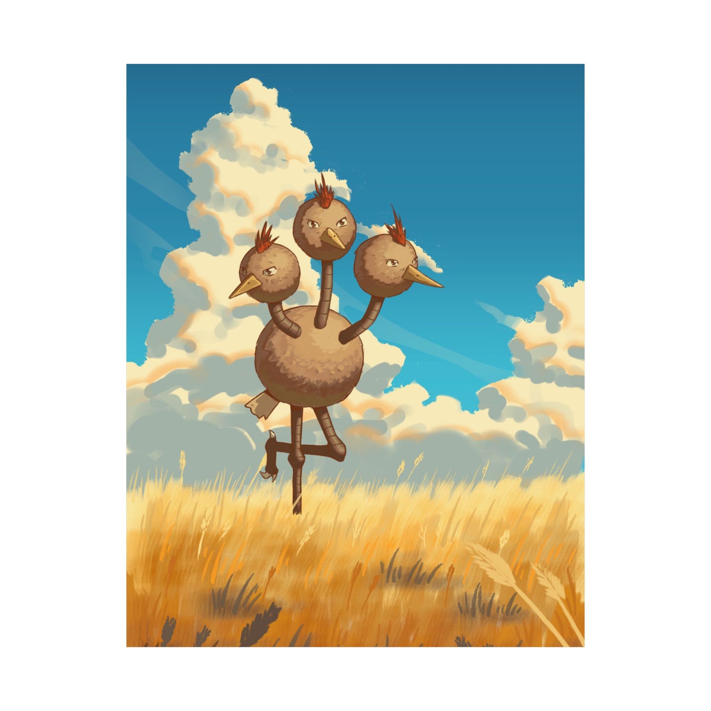 Whimsical Three-Headed Bird in Golden Field Poster