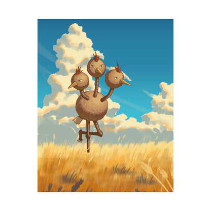 Whimsical Three-Headed Bird in Golden Field Poster
