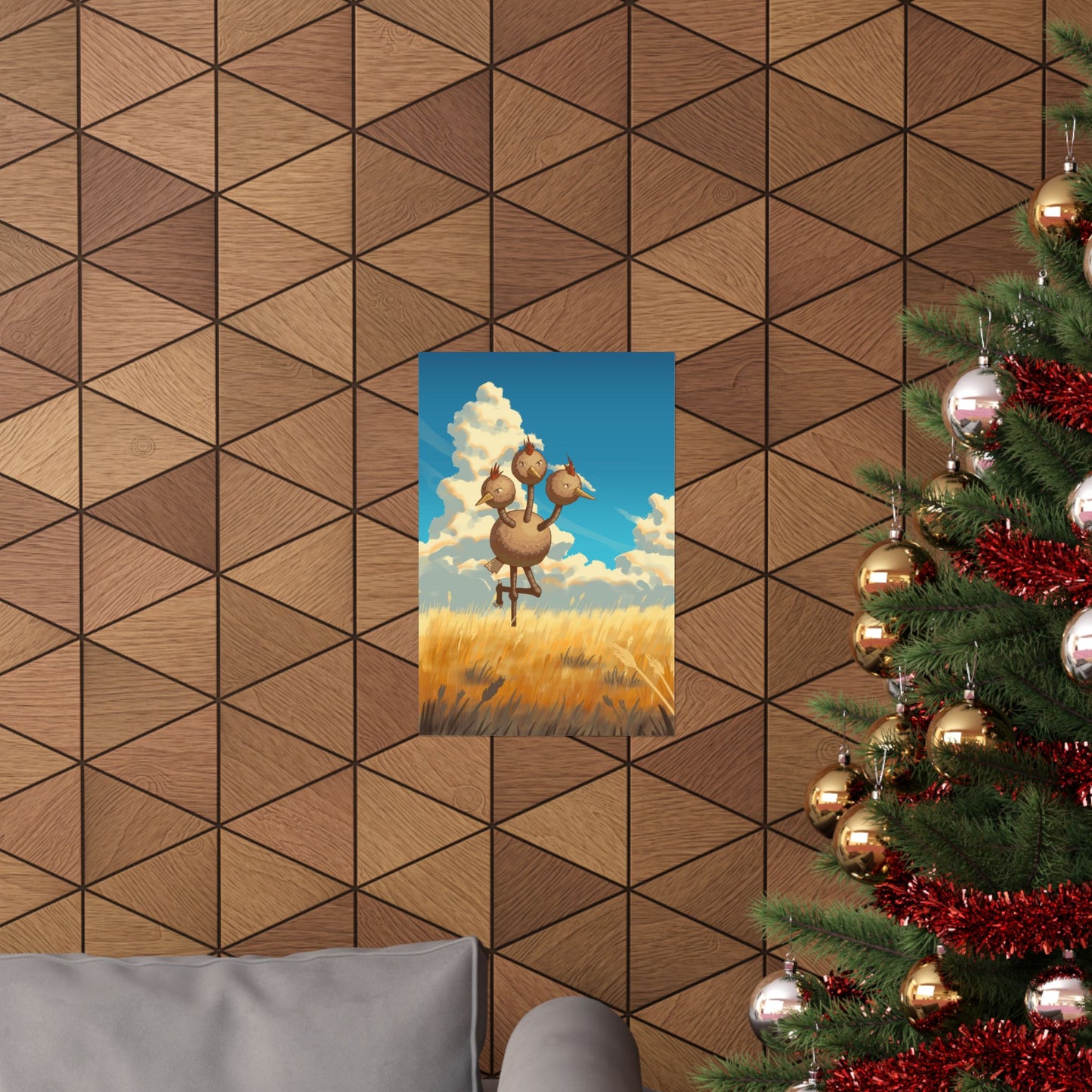 Whimsical Three-Headed Bird in Golden Field Poster