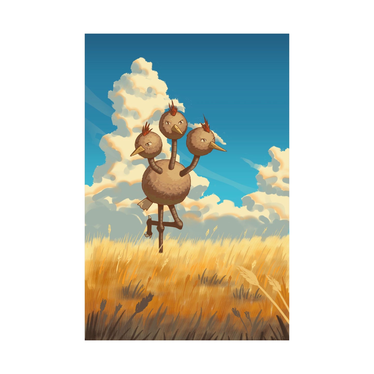 Whimsical Three-Headed Bird in Golden Field Poster