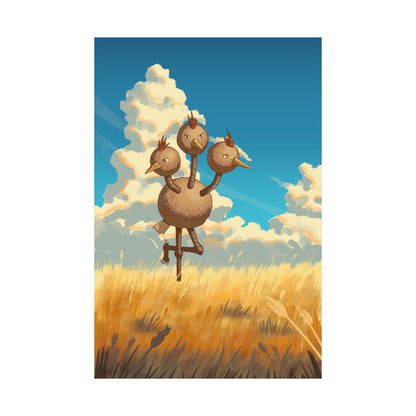 Whimsical Three-Headed Bird in Golden Field Poster