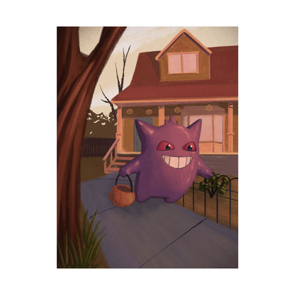 PopKnuckle: From Memory Series - Purple Cute Ghost Trick-or-Treat Halloween Poster — Matte Vertical Art Print