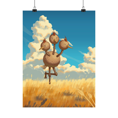 Whimsical Three-Headed Bird in Golden Field Poster