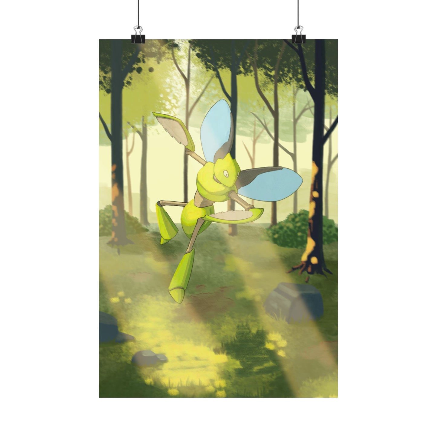Green Bladed Creature Sunlit Forest Poster