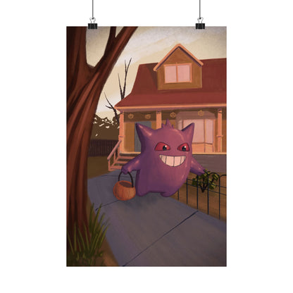 PopKnuckle: From Memory Series - Purple Cute Ghost Trick-or-Treat Halloween Poster — Matte Vertical Art Print